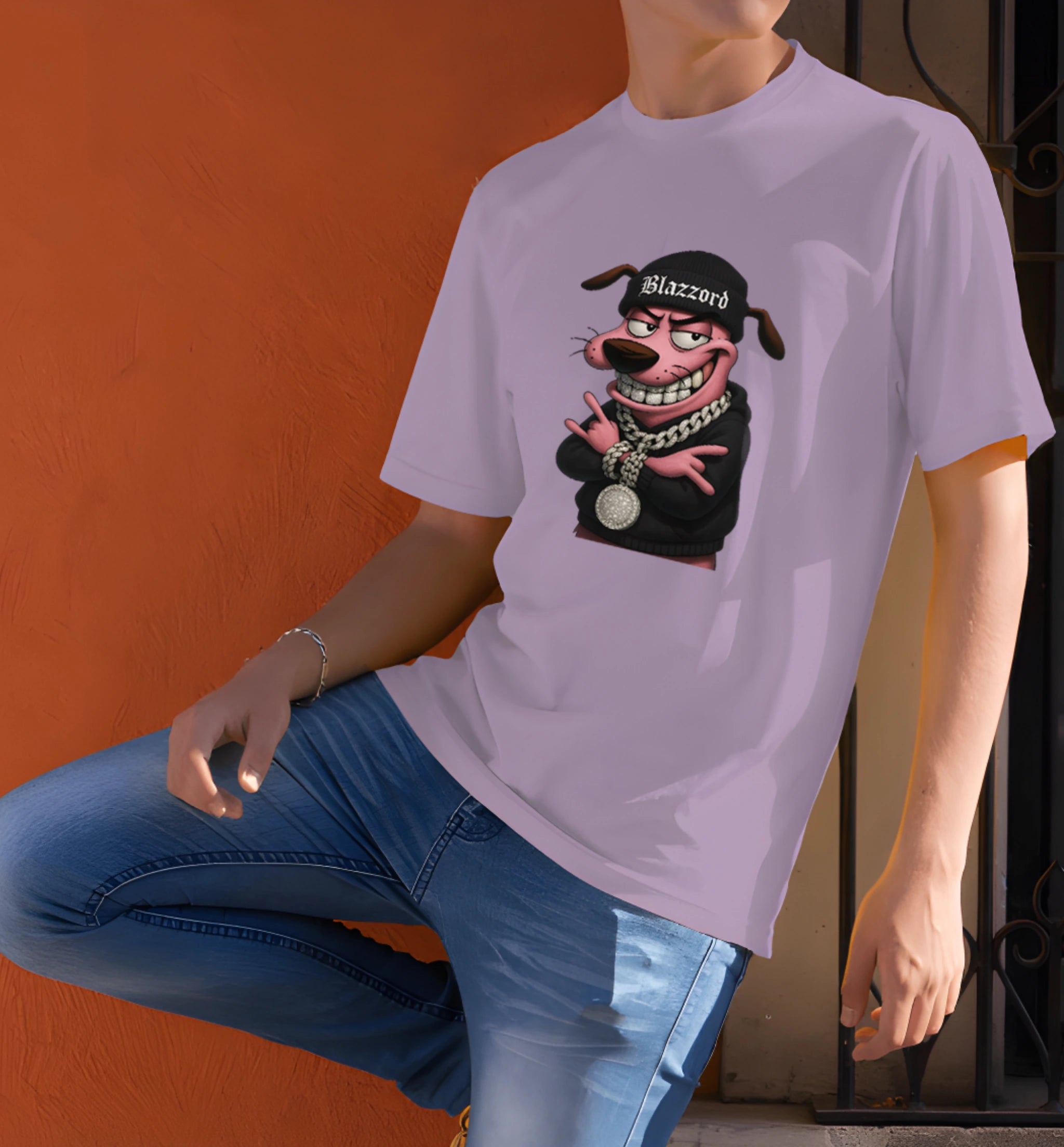 Model wearing AAMS Blazzord Dog Graphic T-Shirt – Cartoon Hip-Hop Dog Streetwear Tee in Lavender