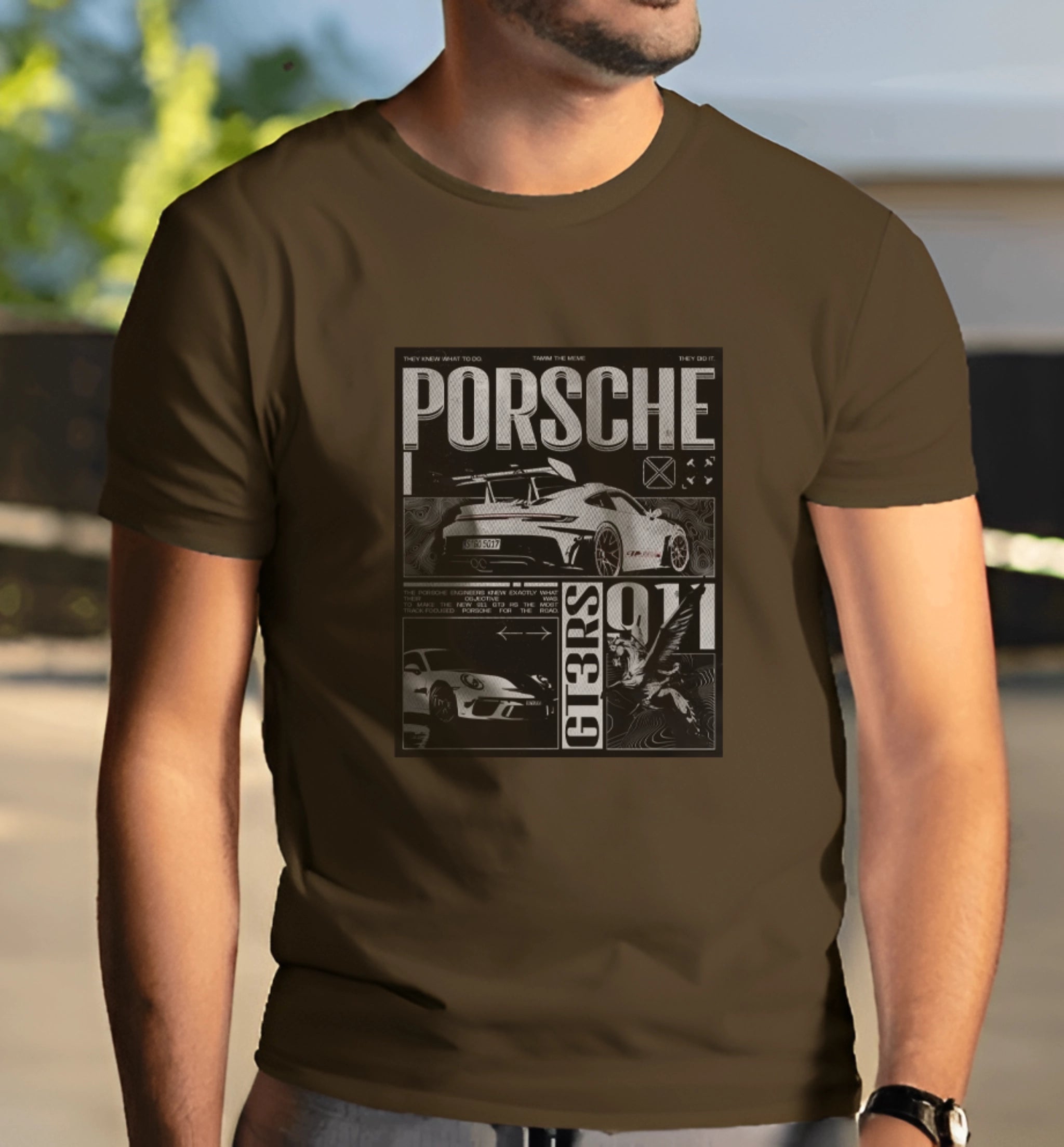 Model wearing AAMS Porsche GT3 RS 911 Oversized Unisex T-Shirt in Brown – Premium Cotton Streetwear