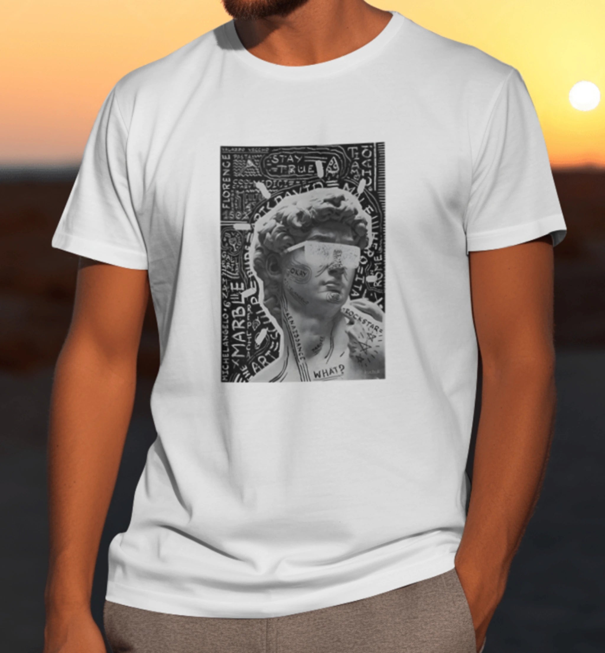 Model wearing AAMS Aesthetic Statue Graphic Printed Unisex T-Shirt in white – 100% Cotton Premium Streetwear