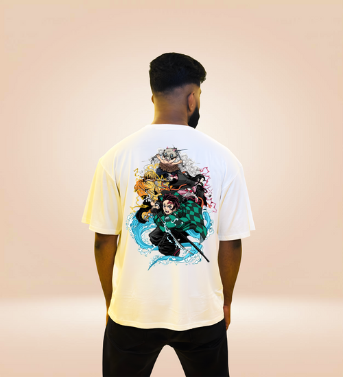 Back view of white oversized T-shirt with Demon Slayer character design, worn by man.