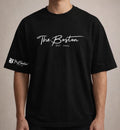 Black oversized t-shirt with minimal The Boston print on chest for men
