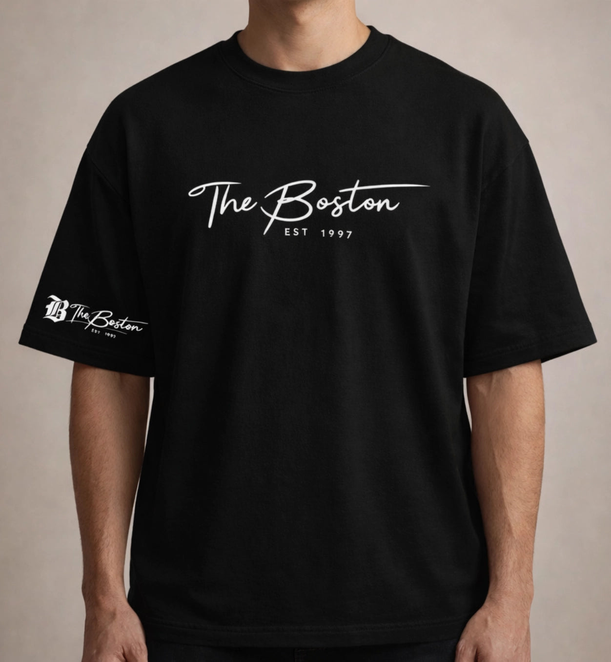 Black oversized t-shirt with minimal The Boston print on chest for men