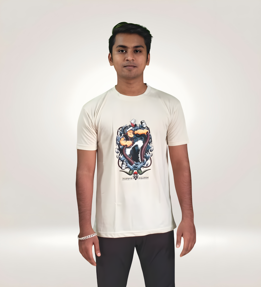 Front Premium Popeye Skater Graphic T-Shirt in regular fit, 170 GSM cotton, white with colorful Popeye skater print, streetwear style.