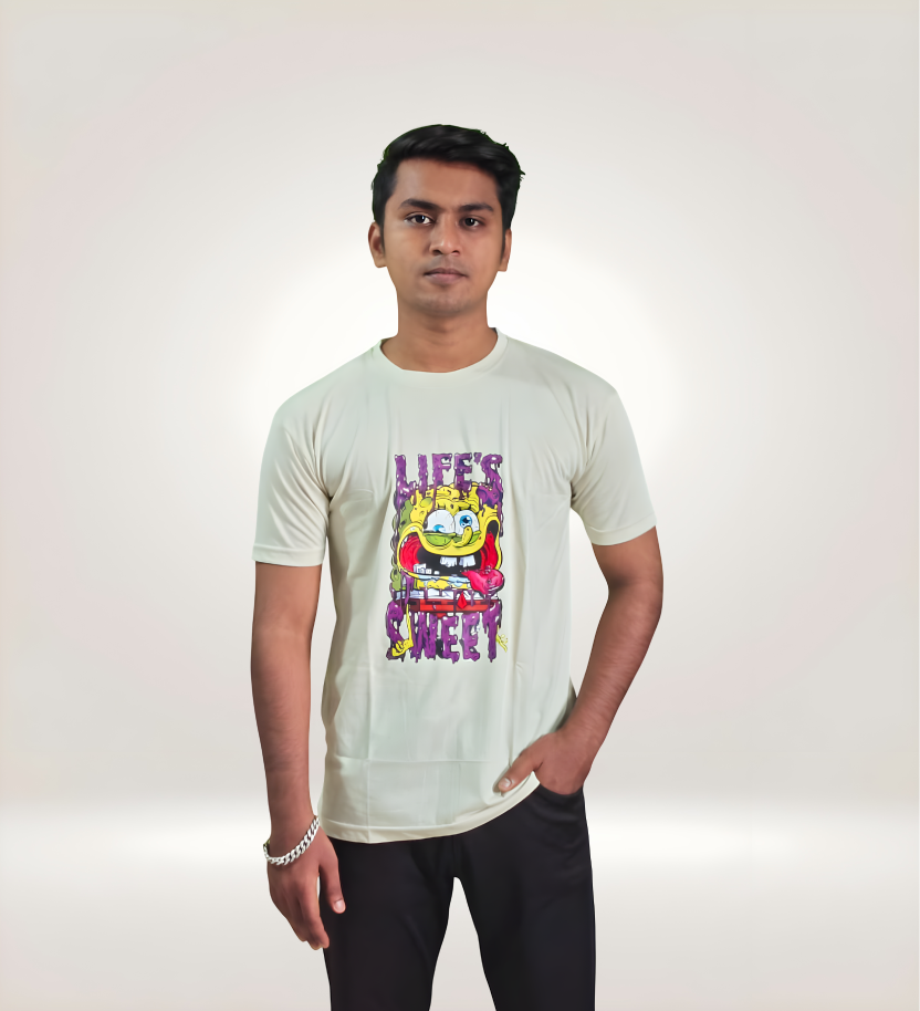 Front View Premium SpongeBob Life's Sweet Graphic T-Shirt in regular fit, 170 GSM cotton, white with purple and yellow SpongeBob print, streetwear style.