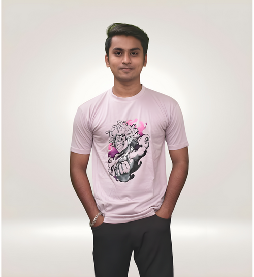 Front view of Dynamic Anime Punch Graphic Regular T-Shirt in Pink Premium Cotton