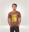 Front view of Fun Simpsons Doodle Yellow Graphic Regular T-Shirt in Brown Premium Cotton