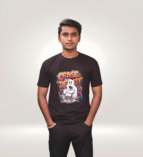 Front view of Unique Cease Dentist Black Regular T-Shirt with Ghost Dentist Graphic for Streetwear