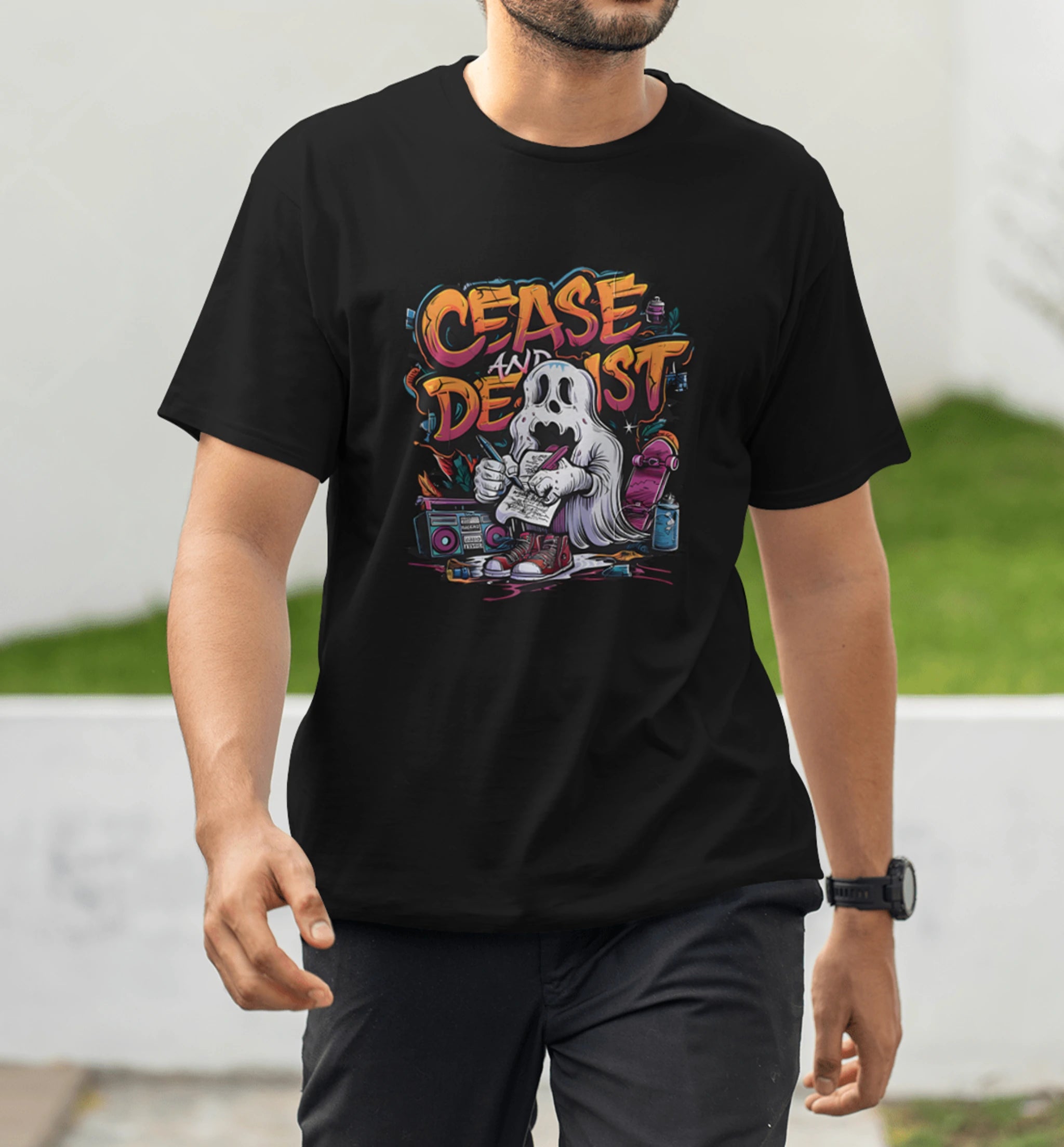 Model wearing AAMS Ghost Cease & Desist Graphic T-Shirt – Black Regular Fit Streetwear