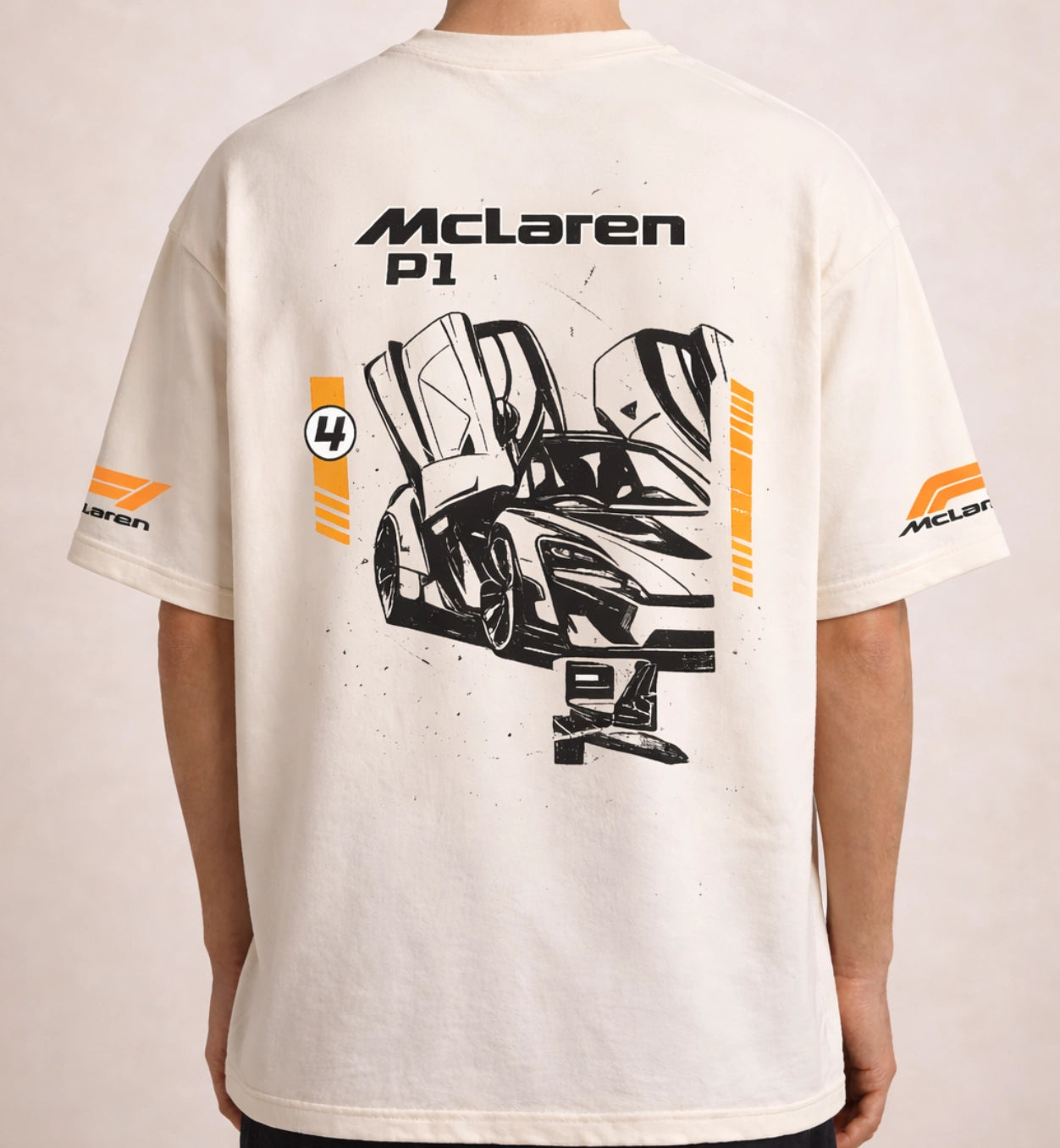 Cream McLaren P1 oversized t-shirt with large supercar graphic print on back