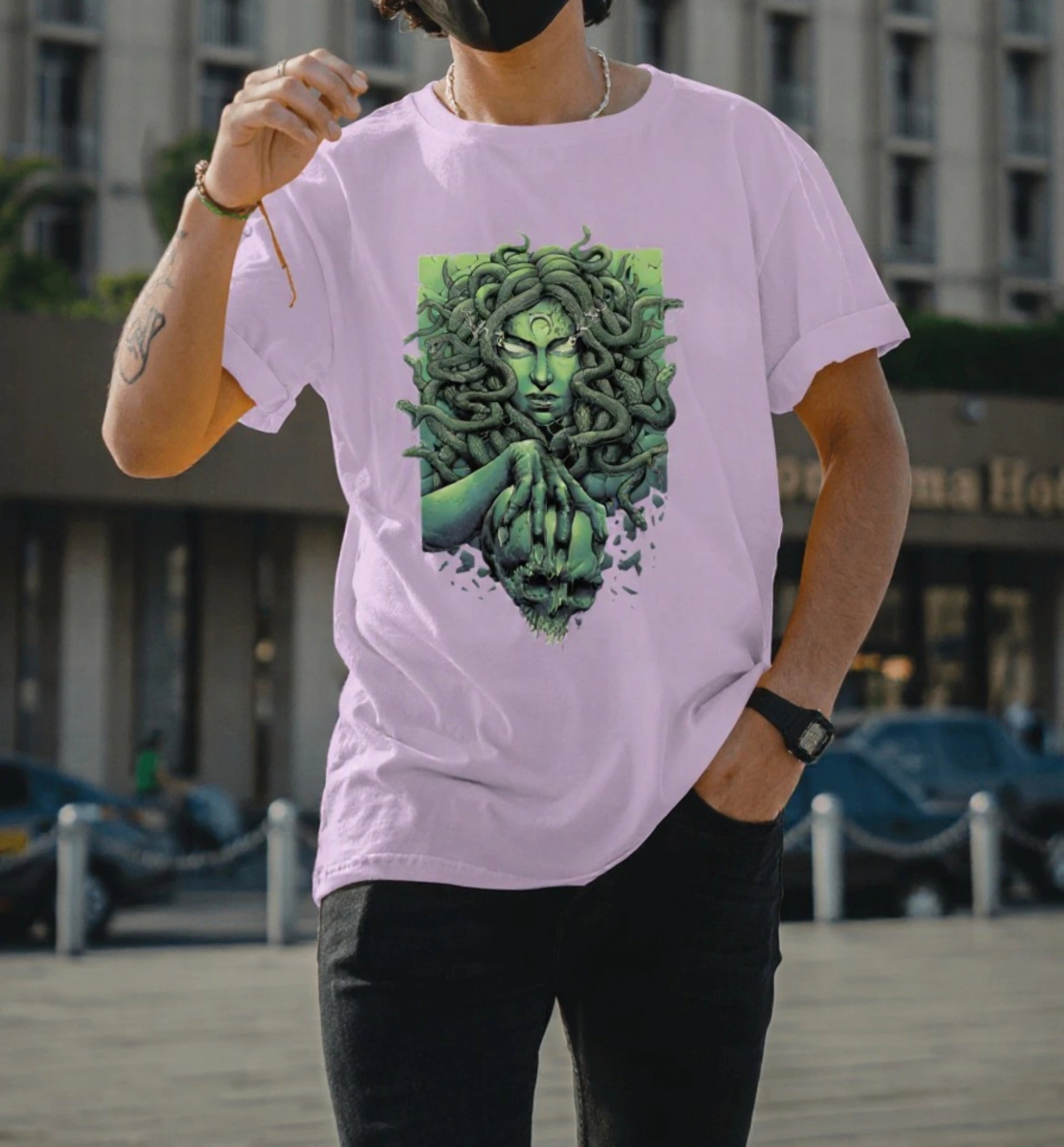 Model wearing AAMS Medusa Graphic Printed Unisex T-Shirt in lavender – 100% Cotton Premium Streetwear