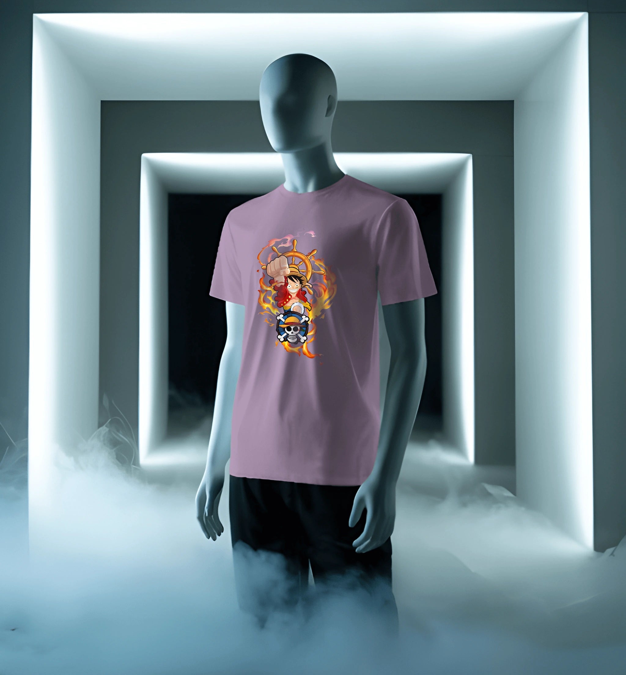Model wearing AAMS One Piece Lavender T-Shirt with anime pirate character and fiery graphic design