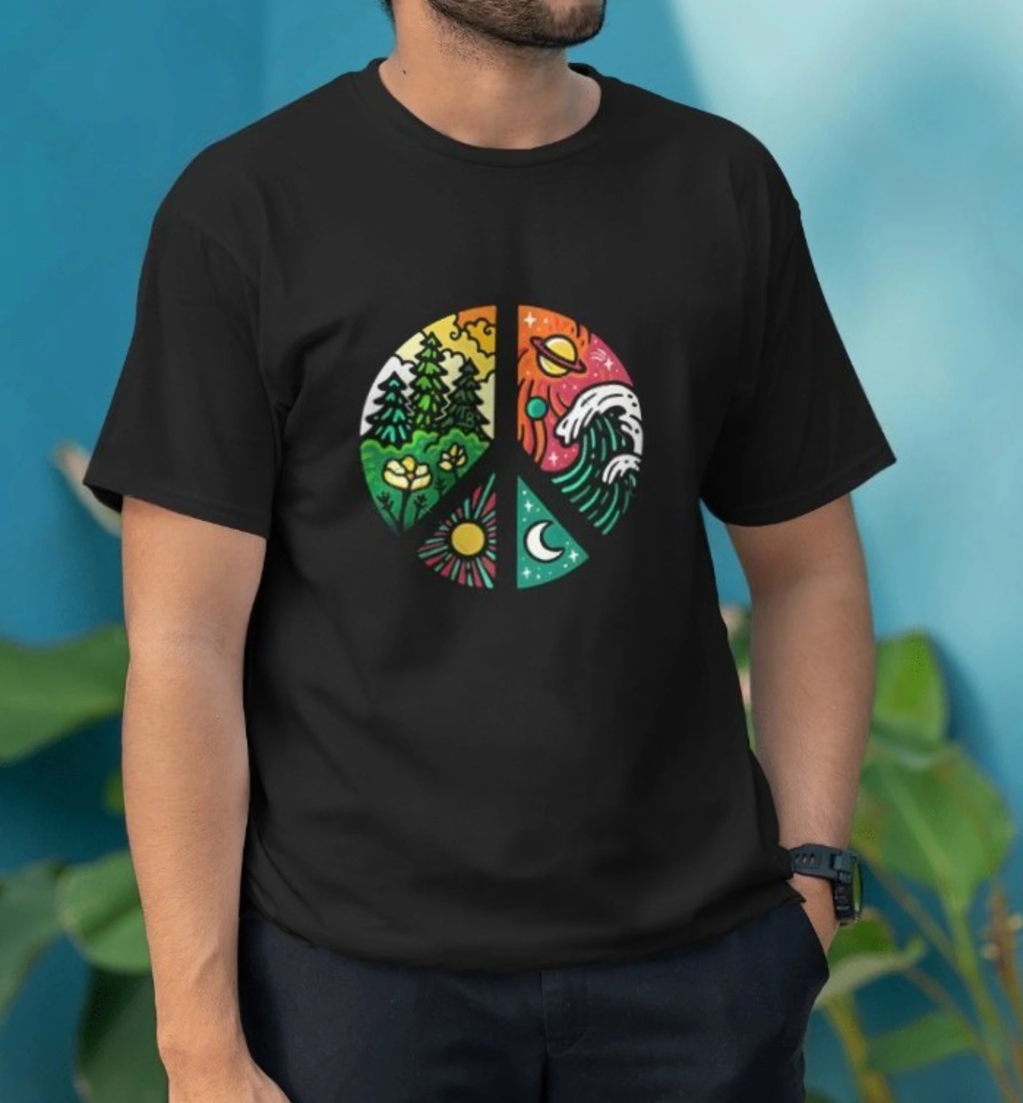 Model wearing AAMS Peace Symbol Graphic T-Shirt with nature and cosmic design – Black Regular Fit Cotton Tee
