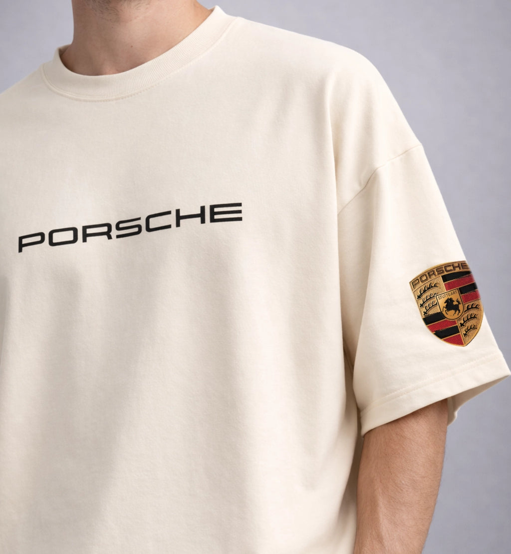 Cream Porsche oversized t-shirt with Porsche logo print and sleeve badge