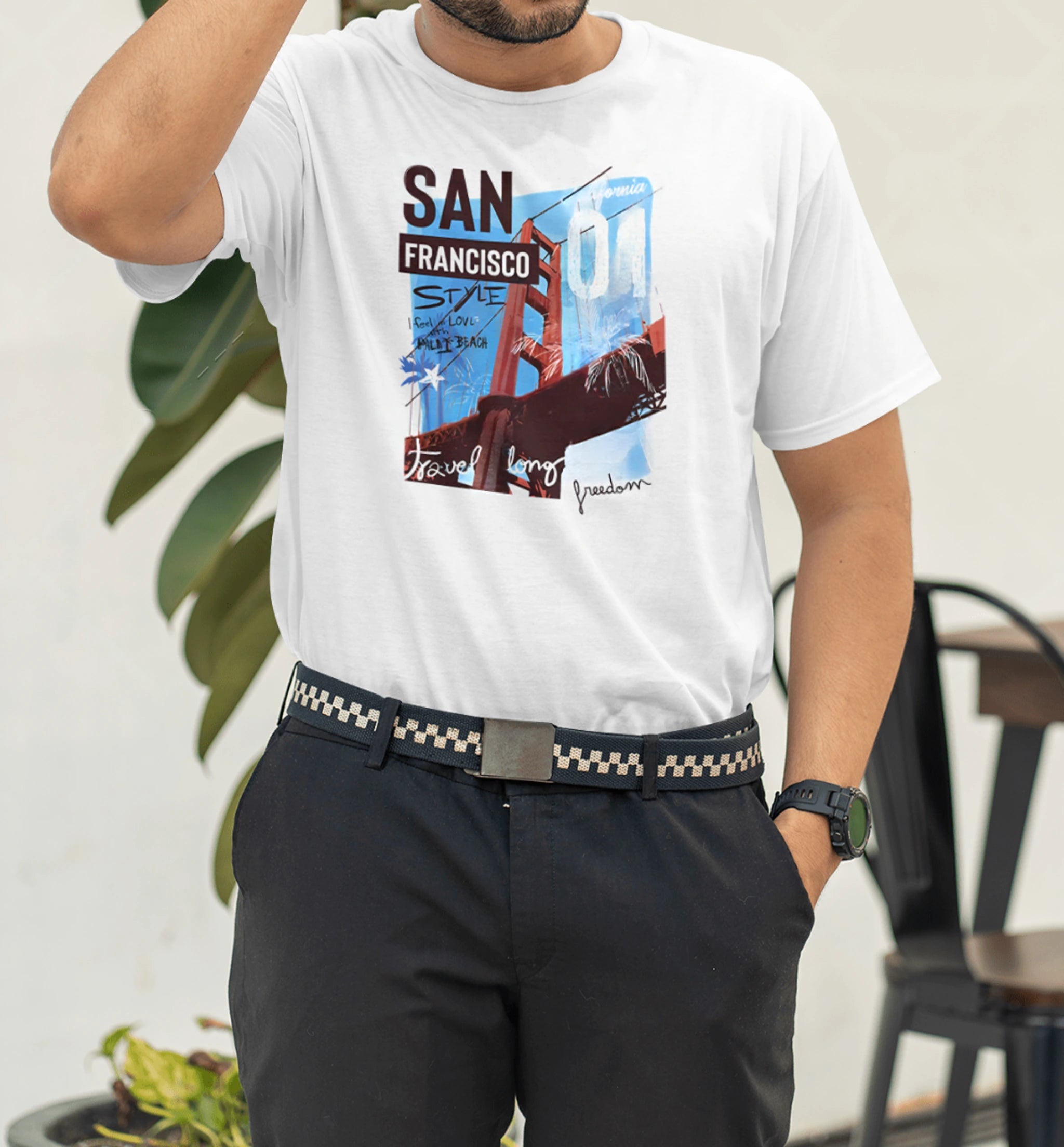 Model wearing AAMS San Francisco Graphic Printed Unisex T-Shirt in white – 100% Cotton Premium Streetwear