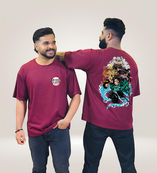 Side-by-side view of maroon oversized Demon Slayer T-shirt, highlighting front and back.