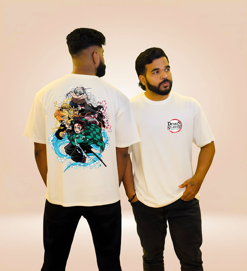 Side-by-side view of white oversized Demon Slayer T-shirt, showcasing front and back.