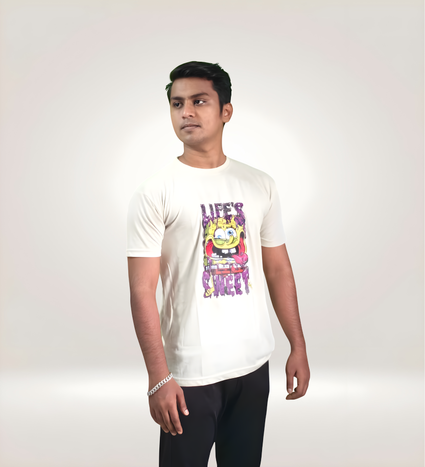 Side View Premium SpongeBob Life's Sweet Graphic T-Shirt in regular fit, 170 GSM cotton, white with purple and yellow SpongeBob print, streetwear style.