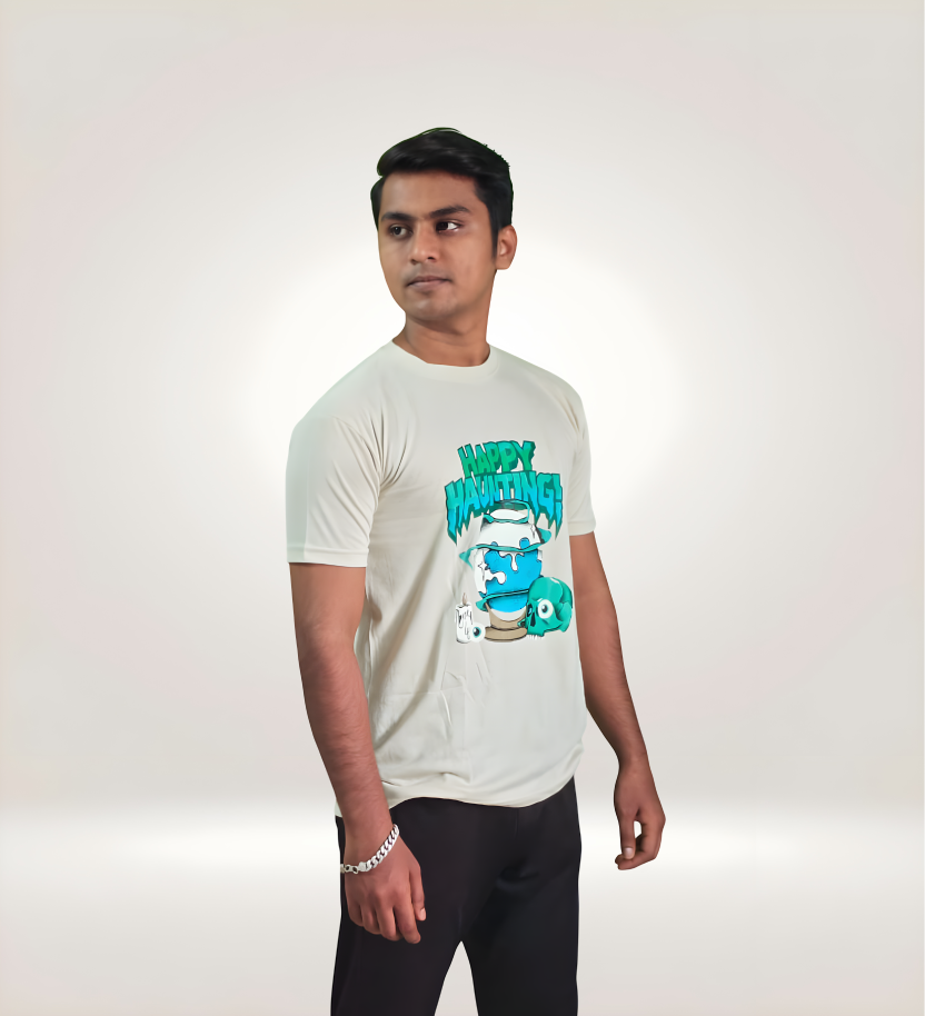 Side View of model wearing Happy Haunting regular T Shirt.