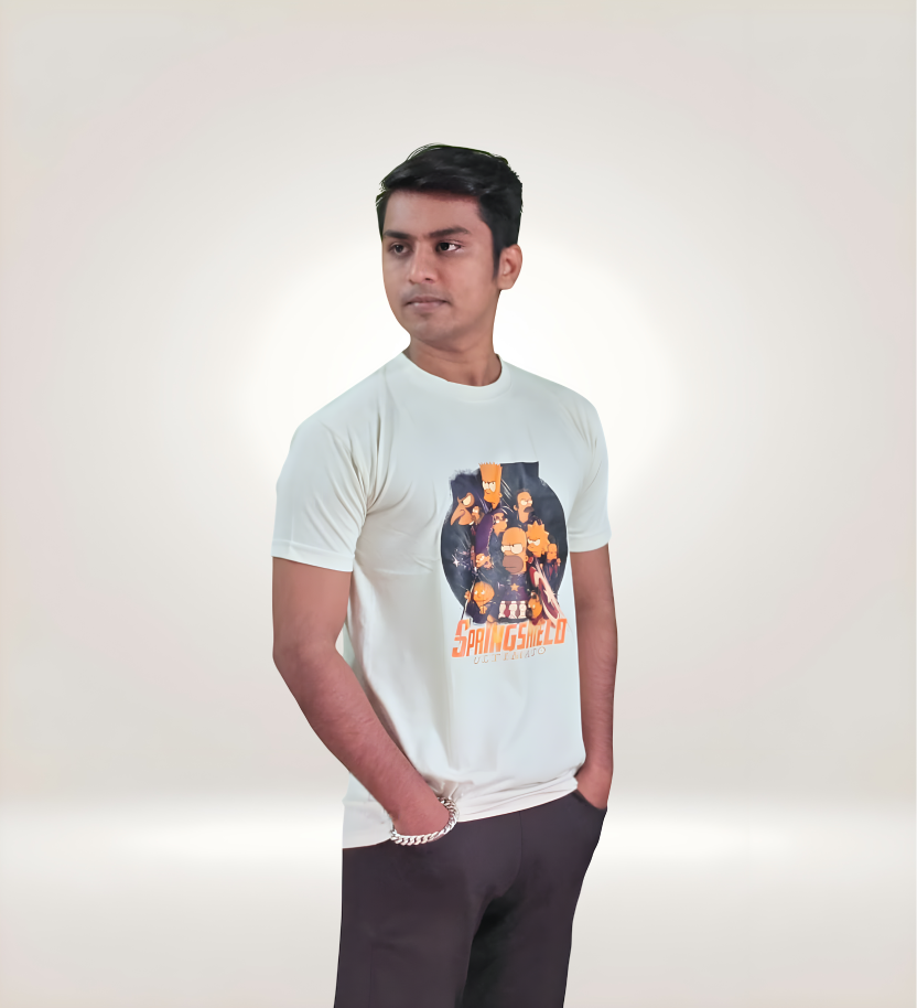 Side view Premium SpringShield Ultimato Graphic T-Shirt in regular fit, 170 GSM cotton, white with orange and dark anime circular print, streetwear style.