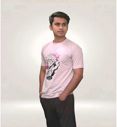 Side view of Dynamic Anime Punch Graphic Regular T-Shirt in Pink Premium Cotton