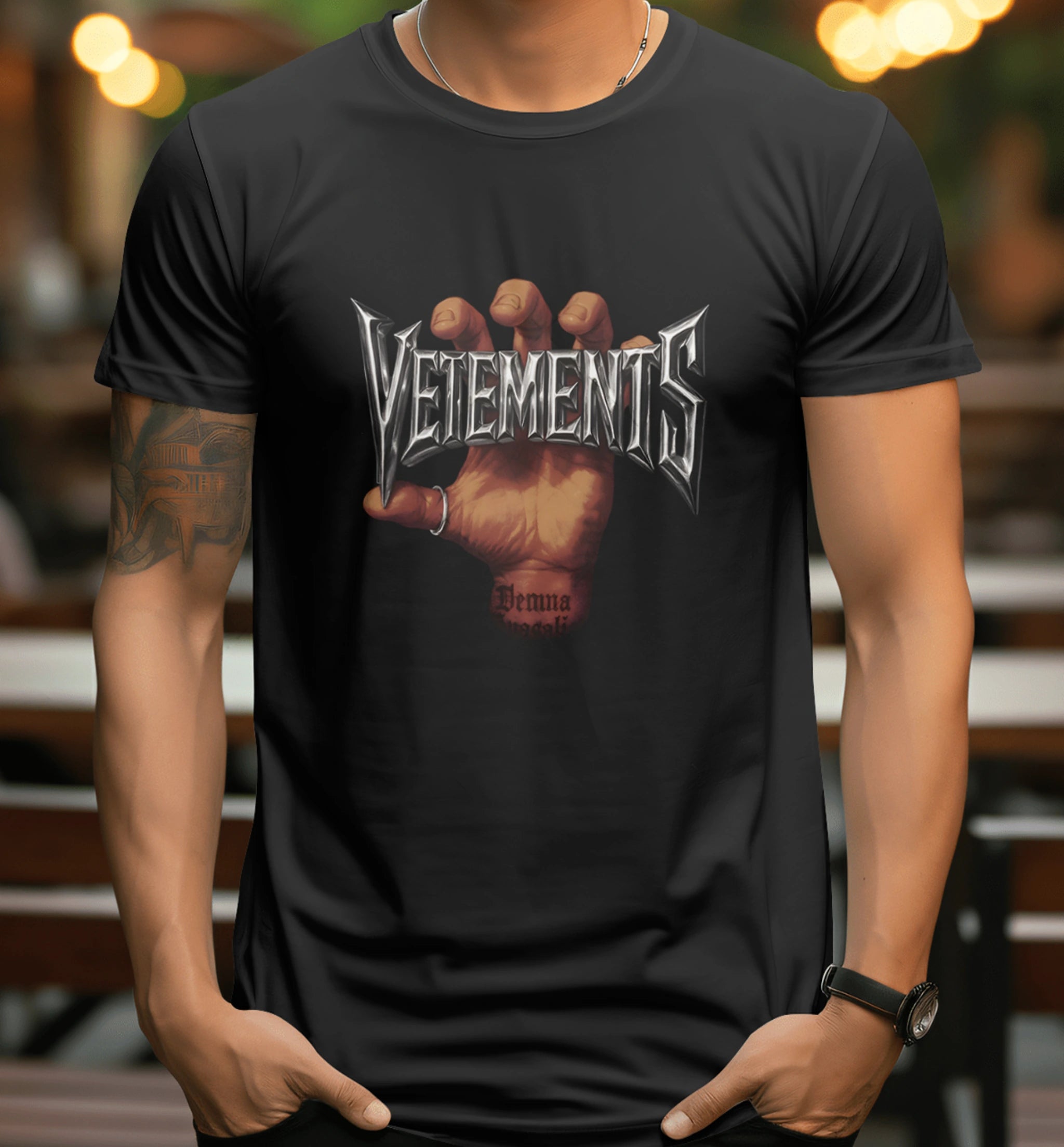 Model wearing AAMS Vetements Inspired Black Graphic T-Shirt – Premium Cotton Regular Fit Streetwear