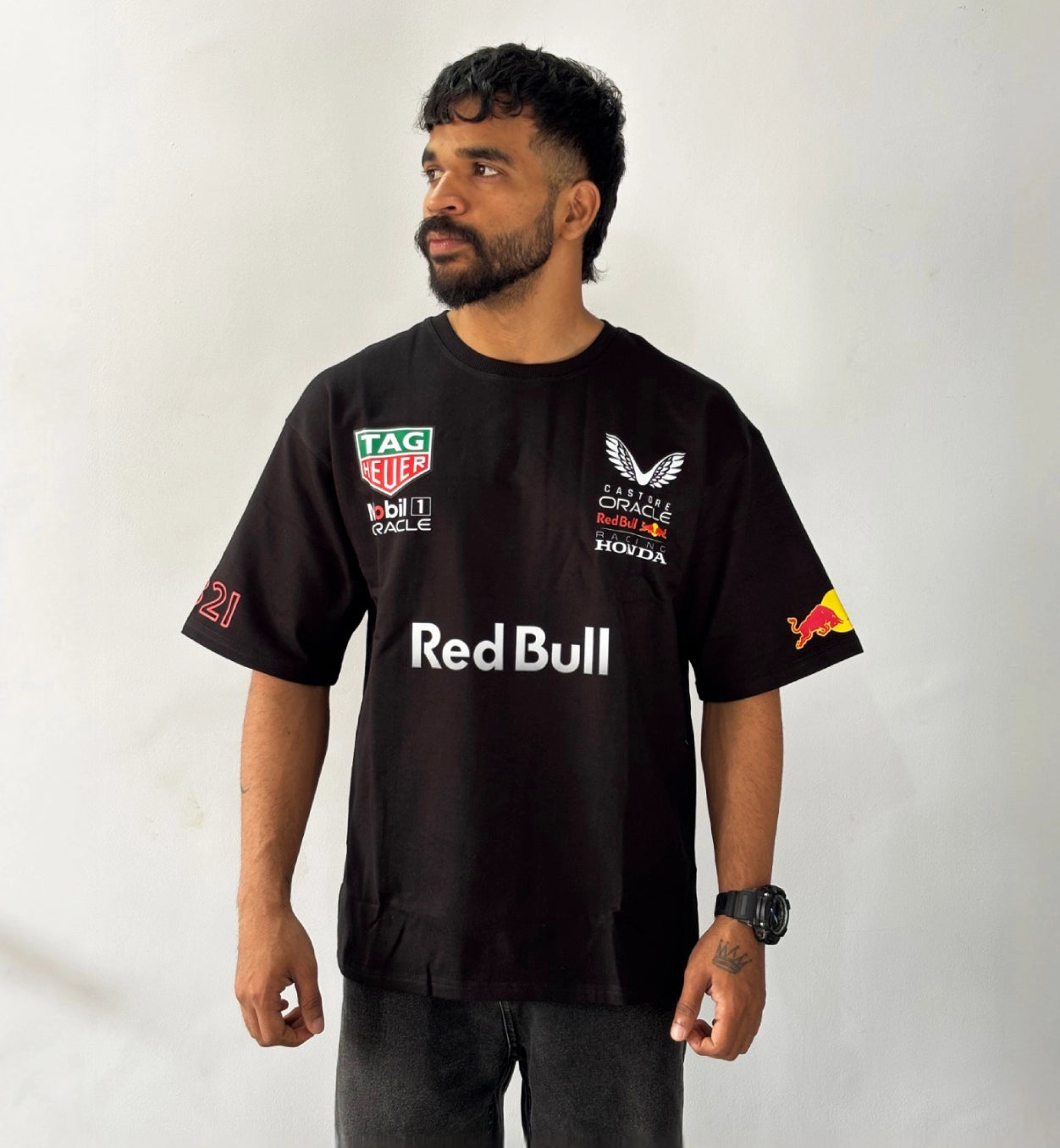 Black Red Bull Racing team graphic T-shirt with sponsor logos streetwear style
