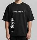 Dreamer oversized black t-shirt with minimal typography and abstract side graphic streetwear design