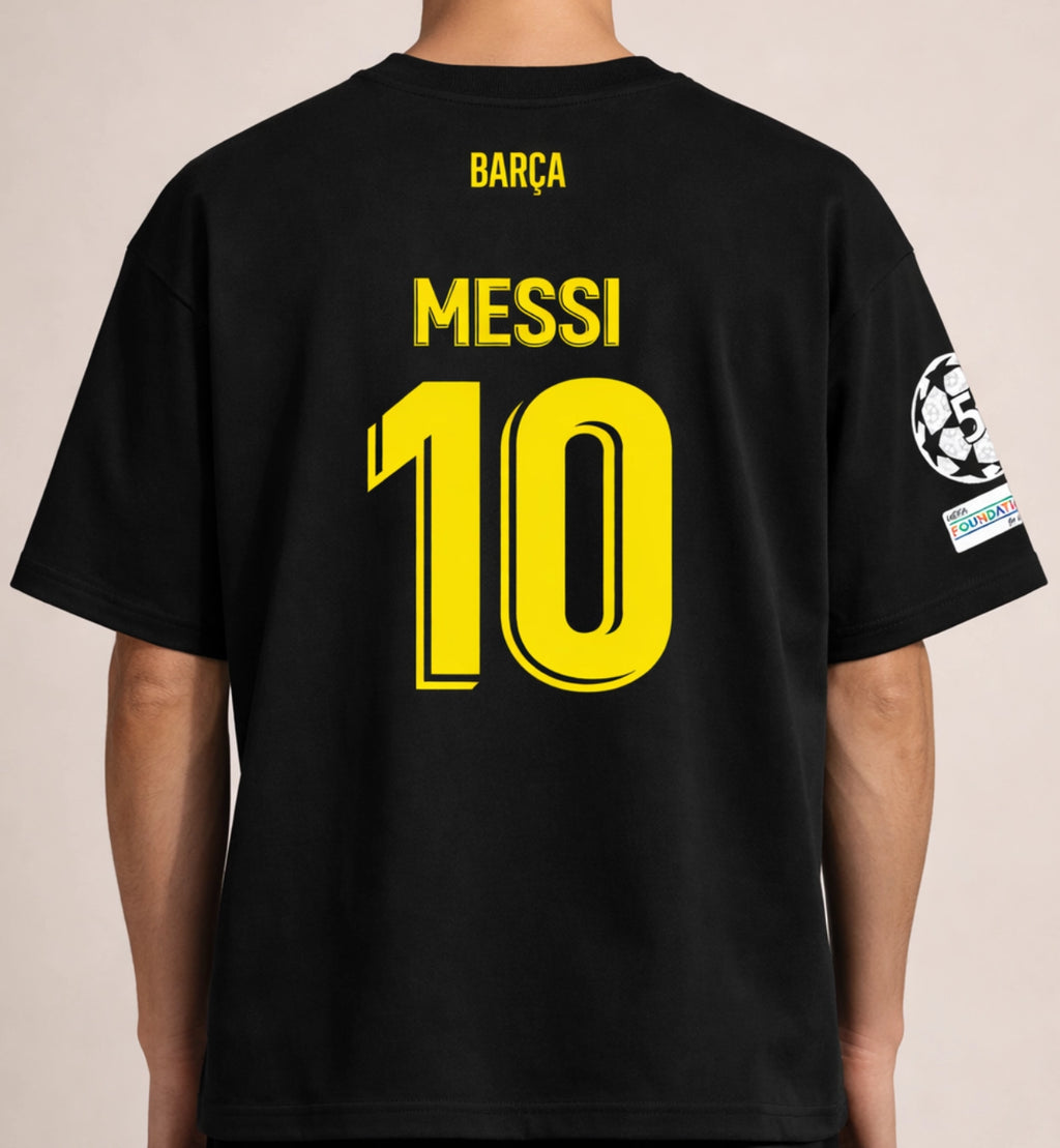 Messi 10 Barcelona oversized black t-shirt back print bold yellow number football jersey style