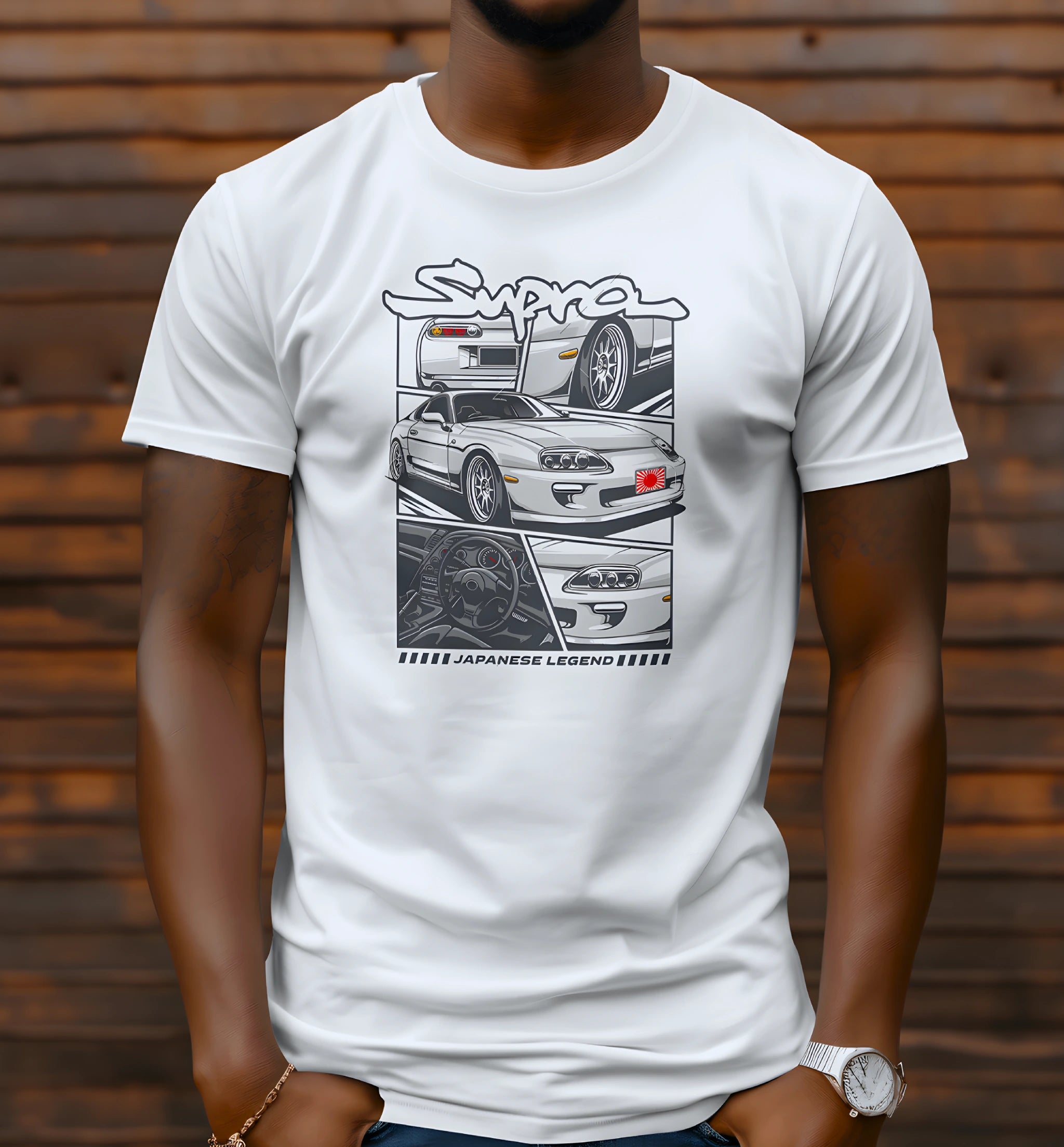 Model wearing AAMS Supra Japanese Legend Graphic T-Shirt in white – JDM car culture streetwear
